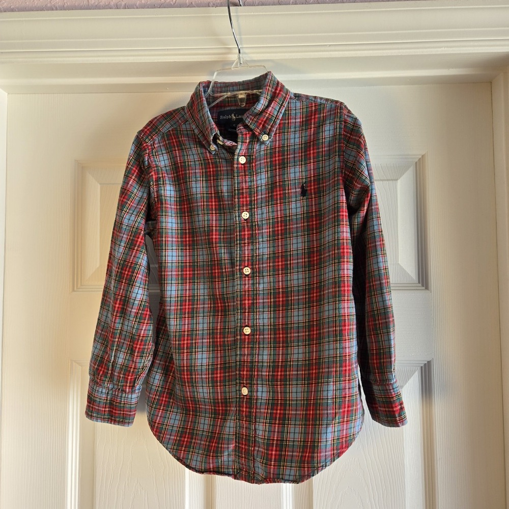 Polo Ralph Lauren Boys Size 5‎ Plaid Holiday Button down Shirt Brushed Cotton